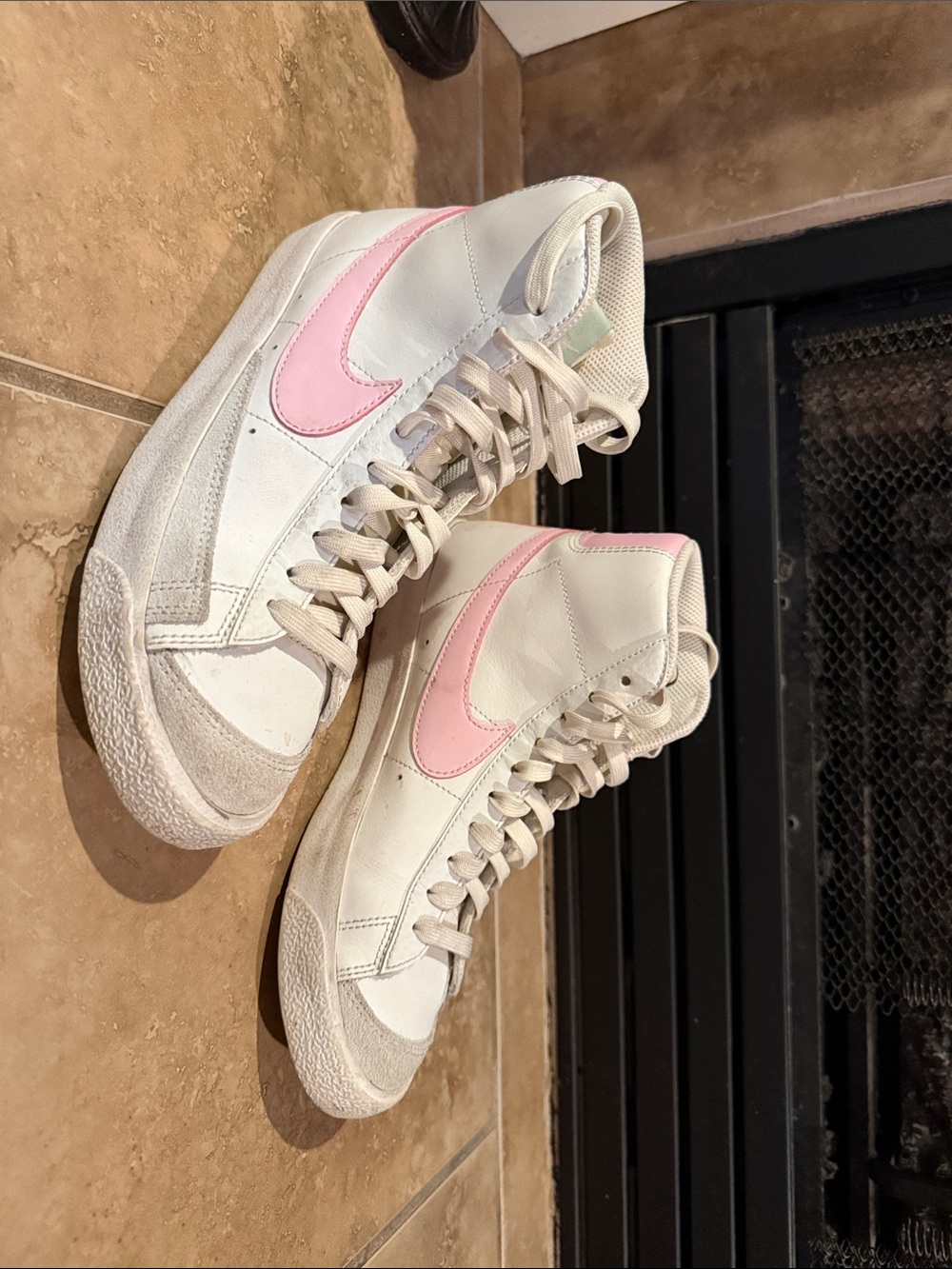 Nike Women's High-Top Sneakers in White with Pink Swoosh